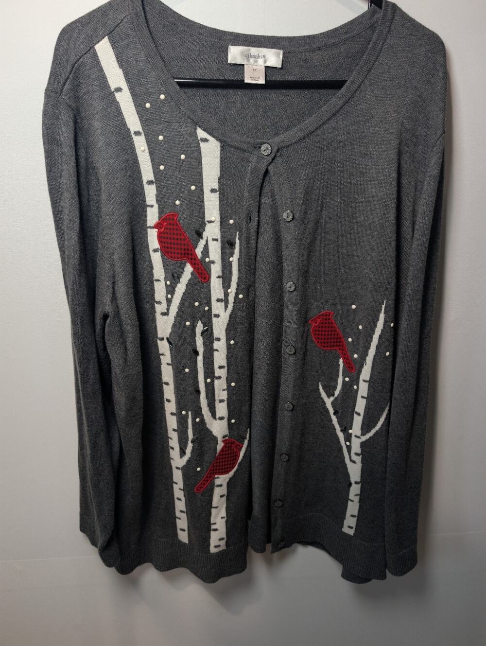 CJ Banks Sweater Cardigan Gray Red Cardinals Women's Plus Size 1X Holiday Winter